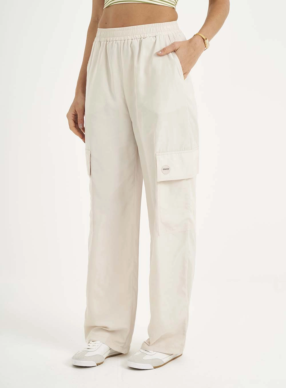 Calça Feminina Wide Leg Nylon Bege
