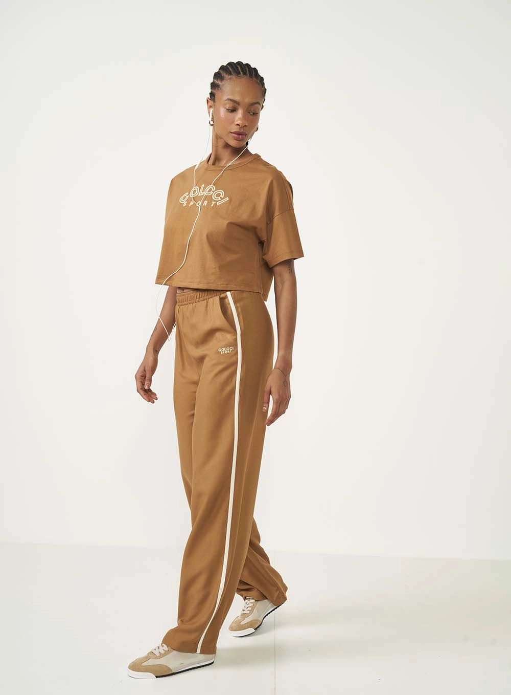 Calça Feminina Wide Leg Com Listras Marrom