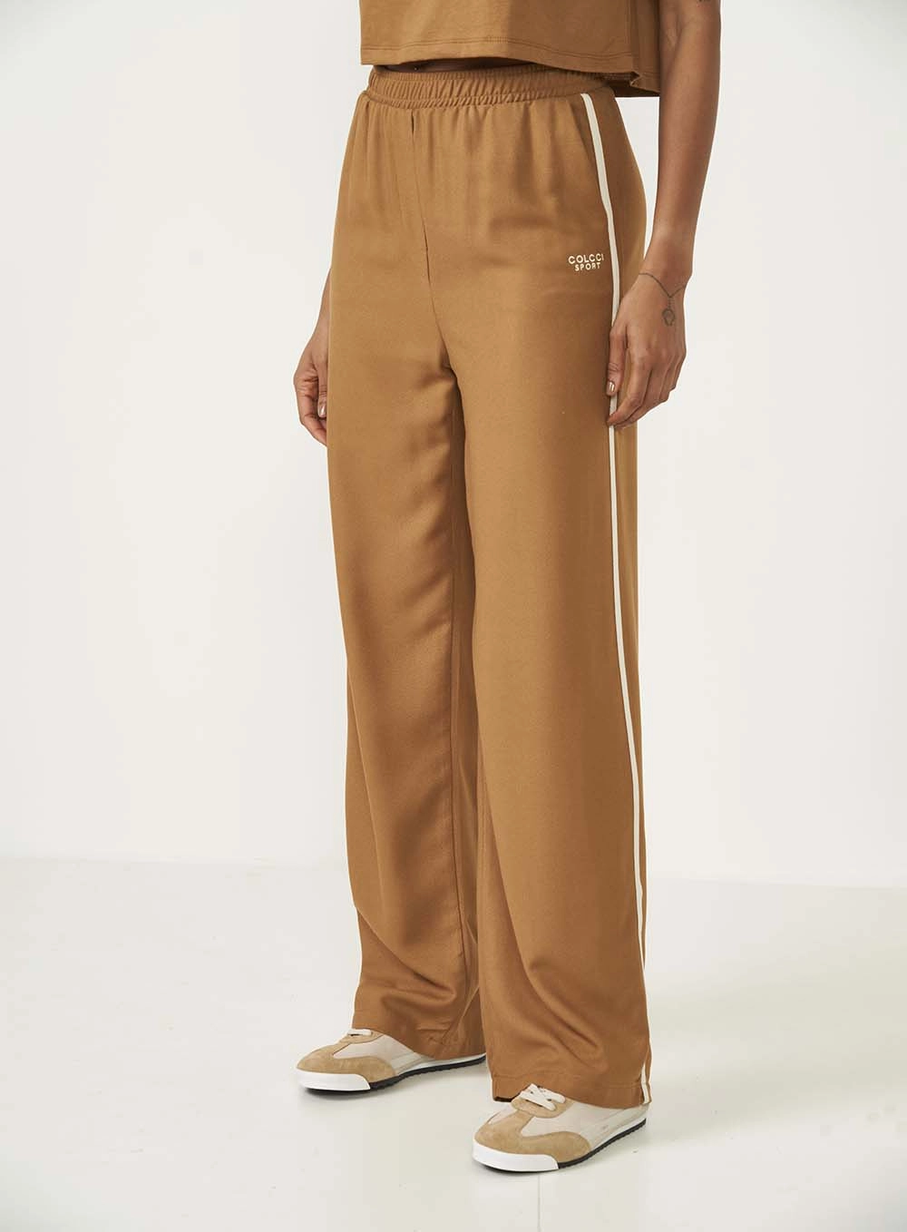 Calça Feminina Wide Leg Com Listras Marrom