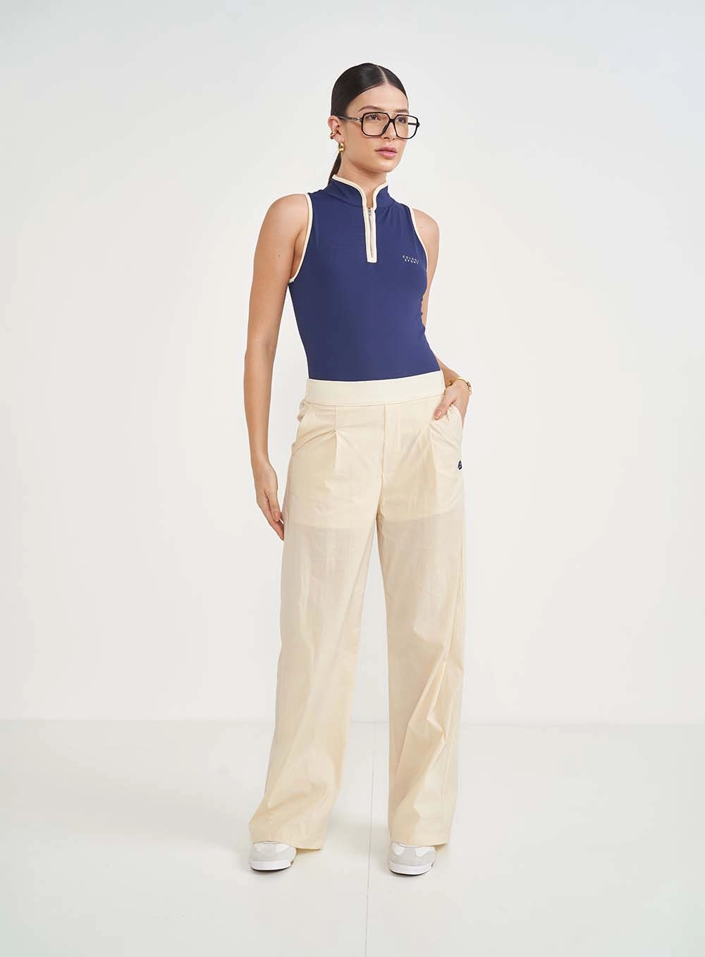 Calça Feminina Nylon Wide Leg Bege