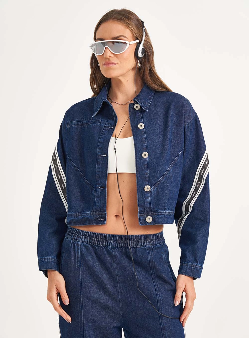 Jaqueta Jeans Feminina Loose Com Listras