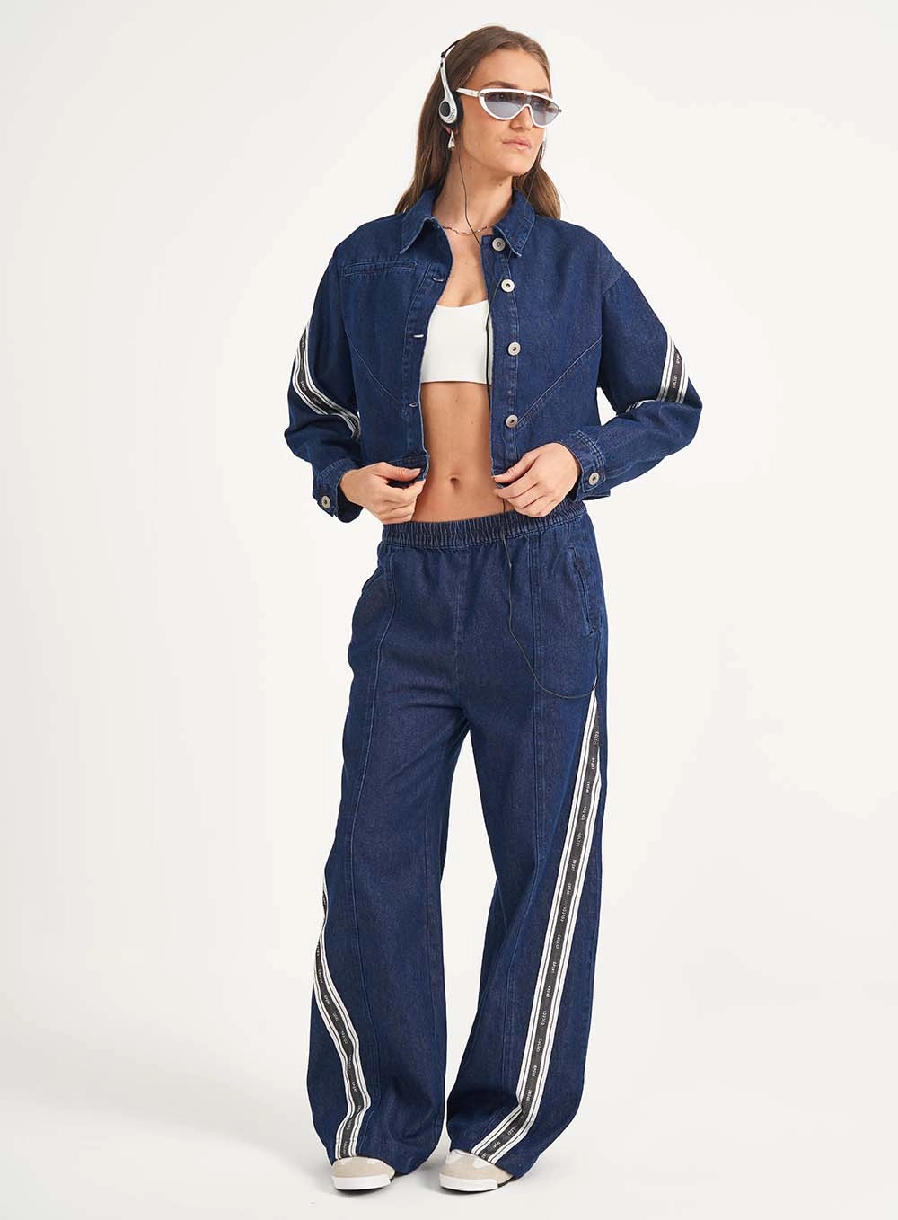 Jaqueta Jeans Feminina Loose Com Listras Índigo