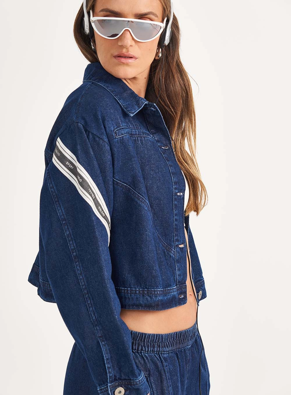 Jaqueta Jeans Feminina Loose Com Listras Índigo