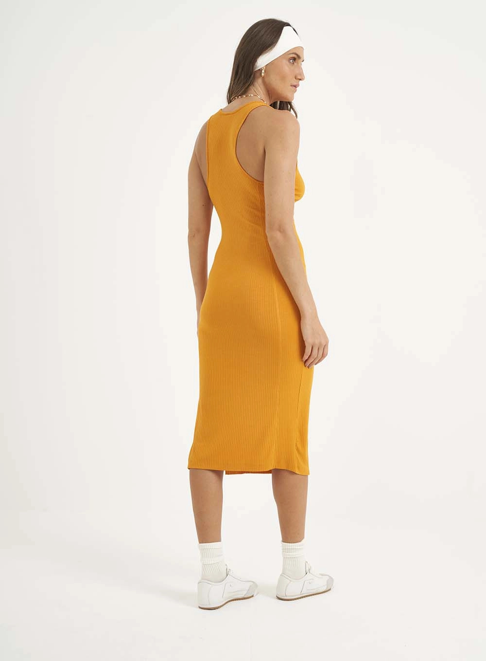 Vestido Midi Slim Fit Canelado Laranja