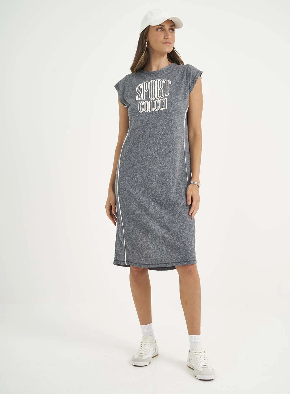 Vestido T-shirt Com Listras Laterais Cinza