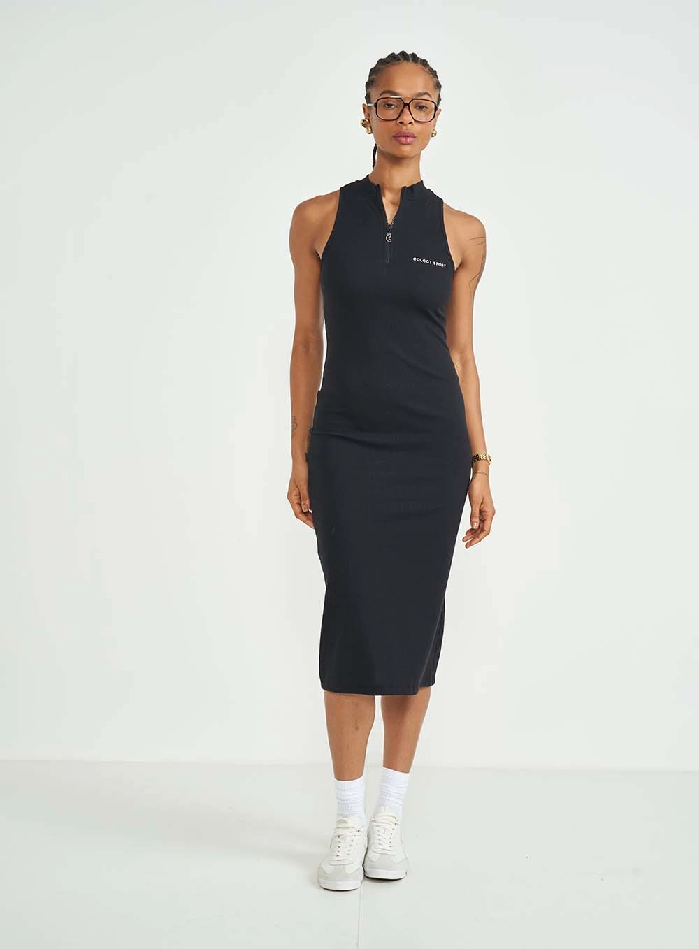 Vestido Midi Gola Com Zíper Canelado Preto