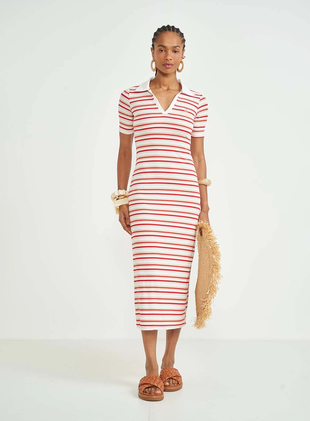 Vestido Midi Slim Canelado Listrado Estampados