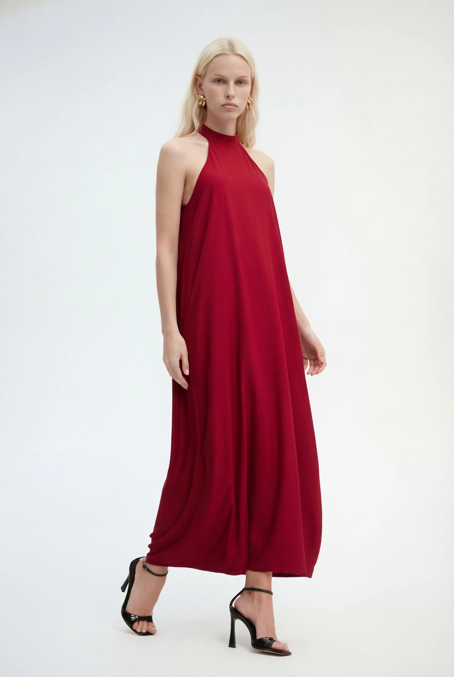 Vestido Longo Evasê Gola Alta Vermelho 3