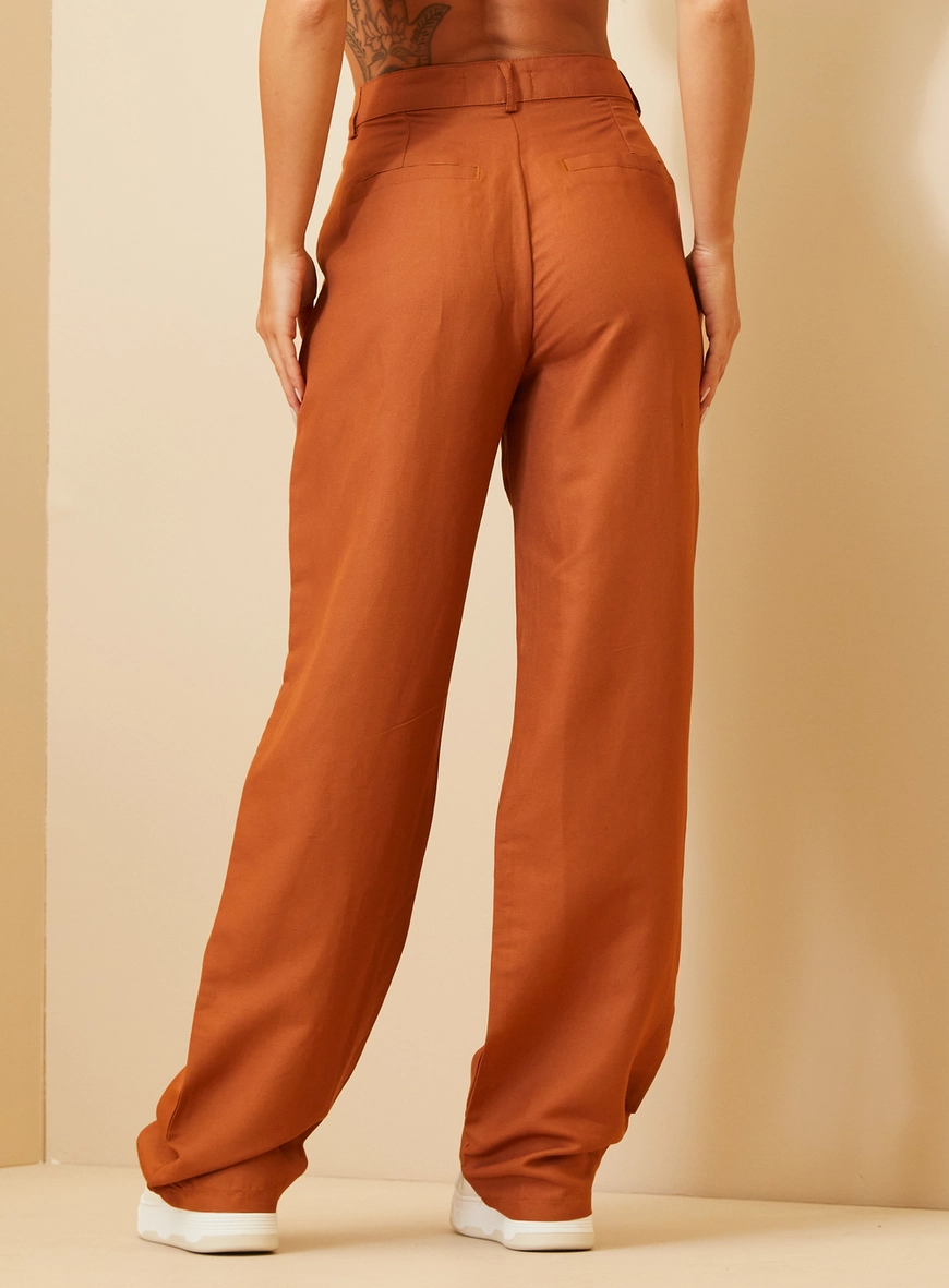 Calça Feminina Alfaiataria Wide Leg Com Linho Marrom 3
