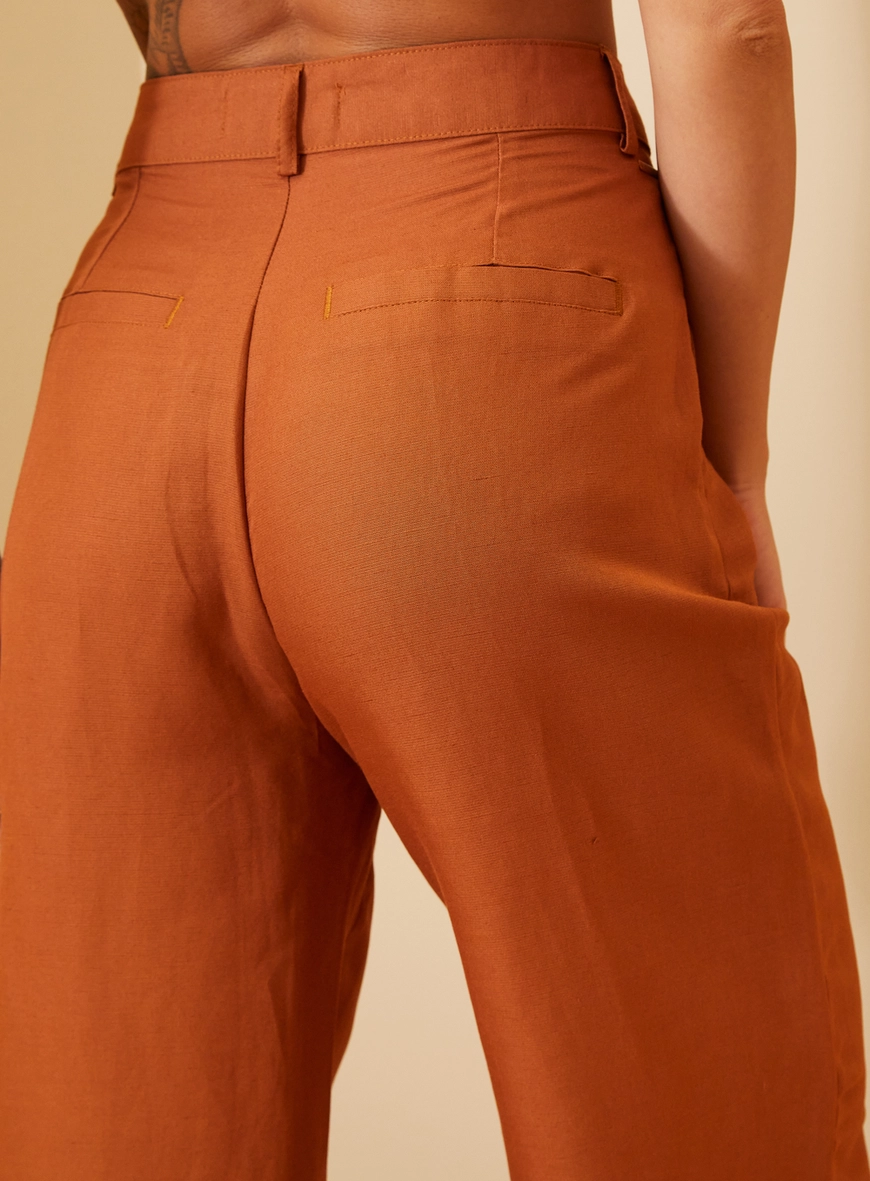 Calça Feminina Alfaiataria Wide Leg Com Linho Marrom 4