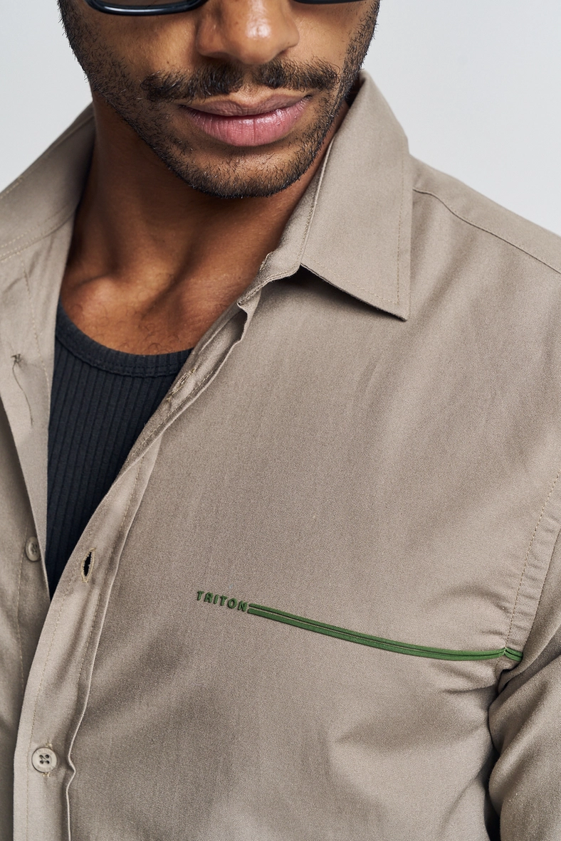 Camisa Masculina Com Detalhe Bordado - Casual Bege 3