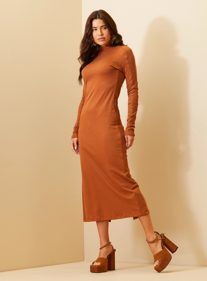 Vestido Midi Slim Manga Longa Marrom 2