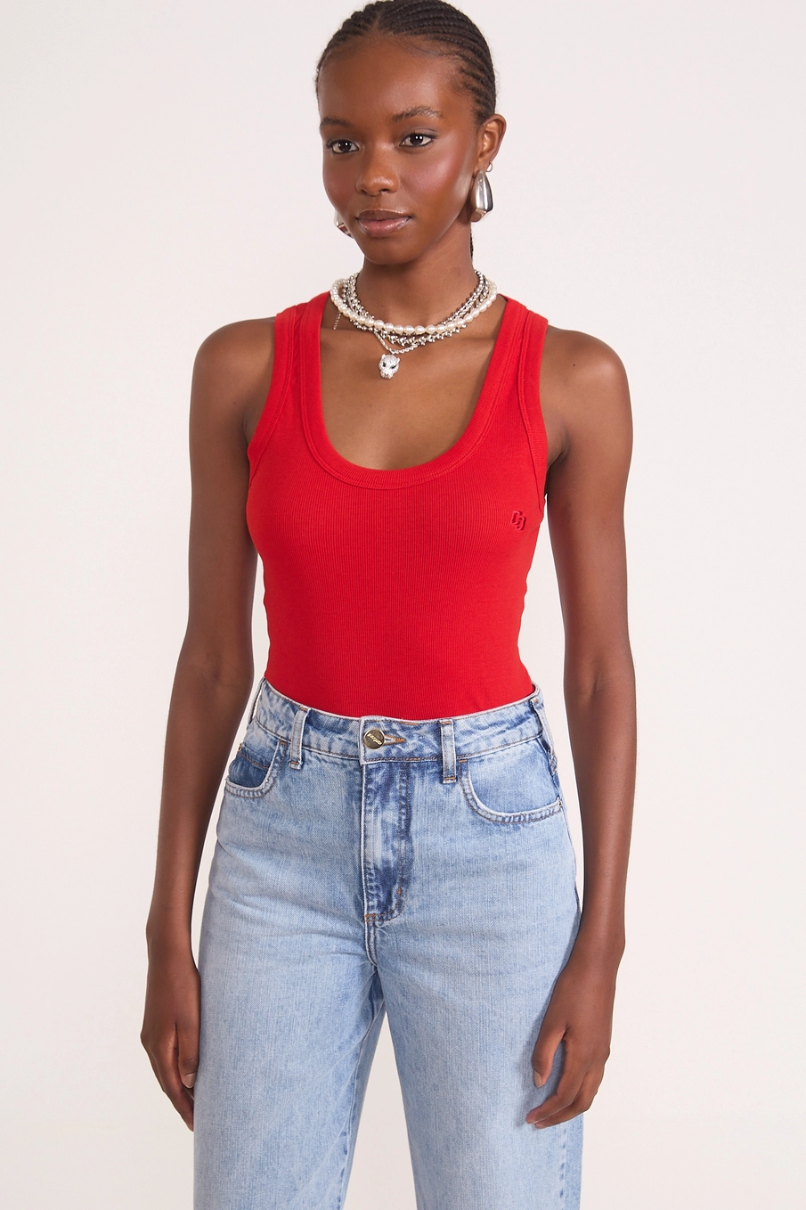 Blusa Regata Feminina Slim Algodão Canelada Vermelho