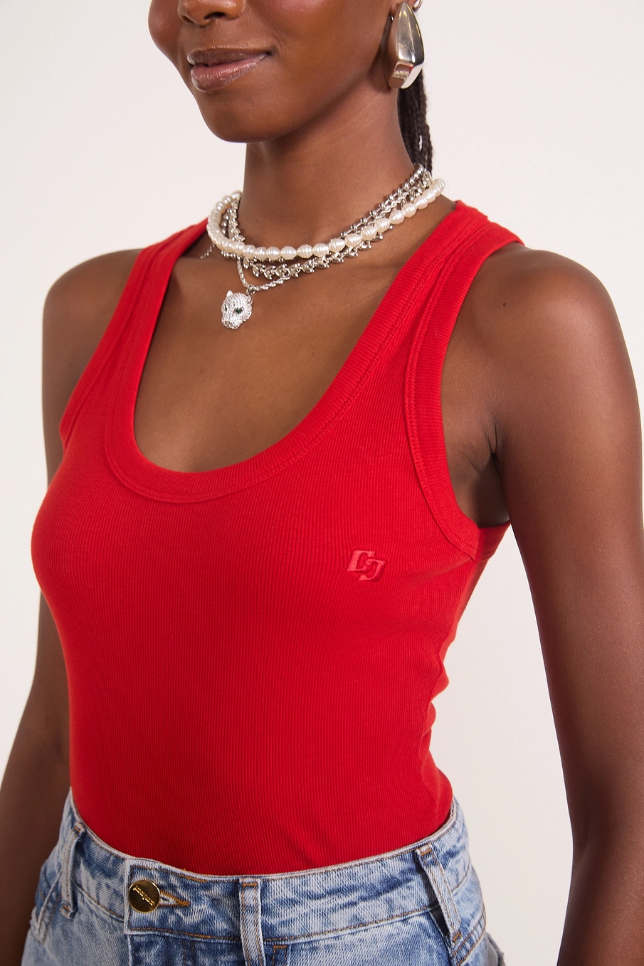 Blusa Regata Feminina Slim Algodão Canelada Vermelho