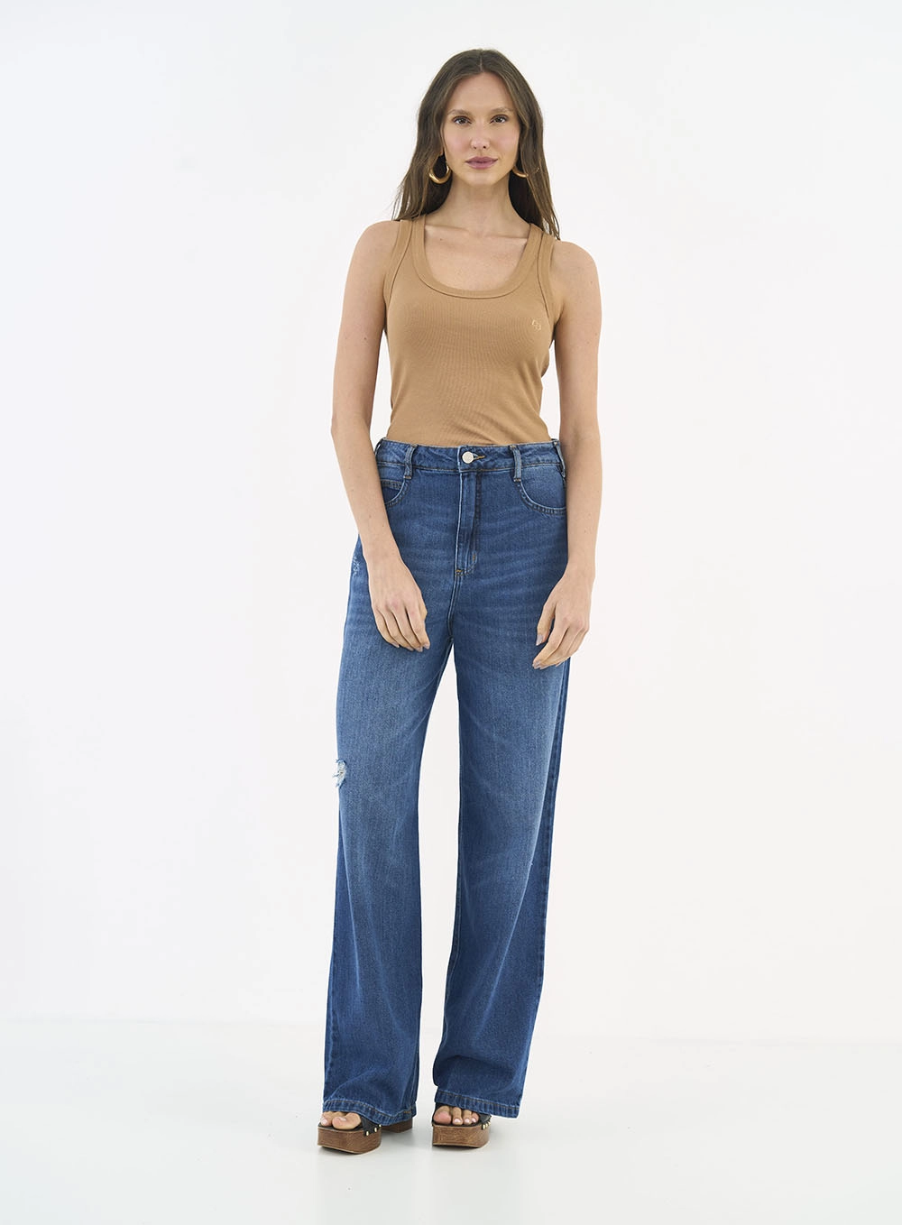 Blusa Regata Feminina Slim Algodão Canelada Marrom Delle