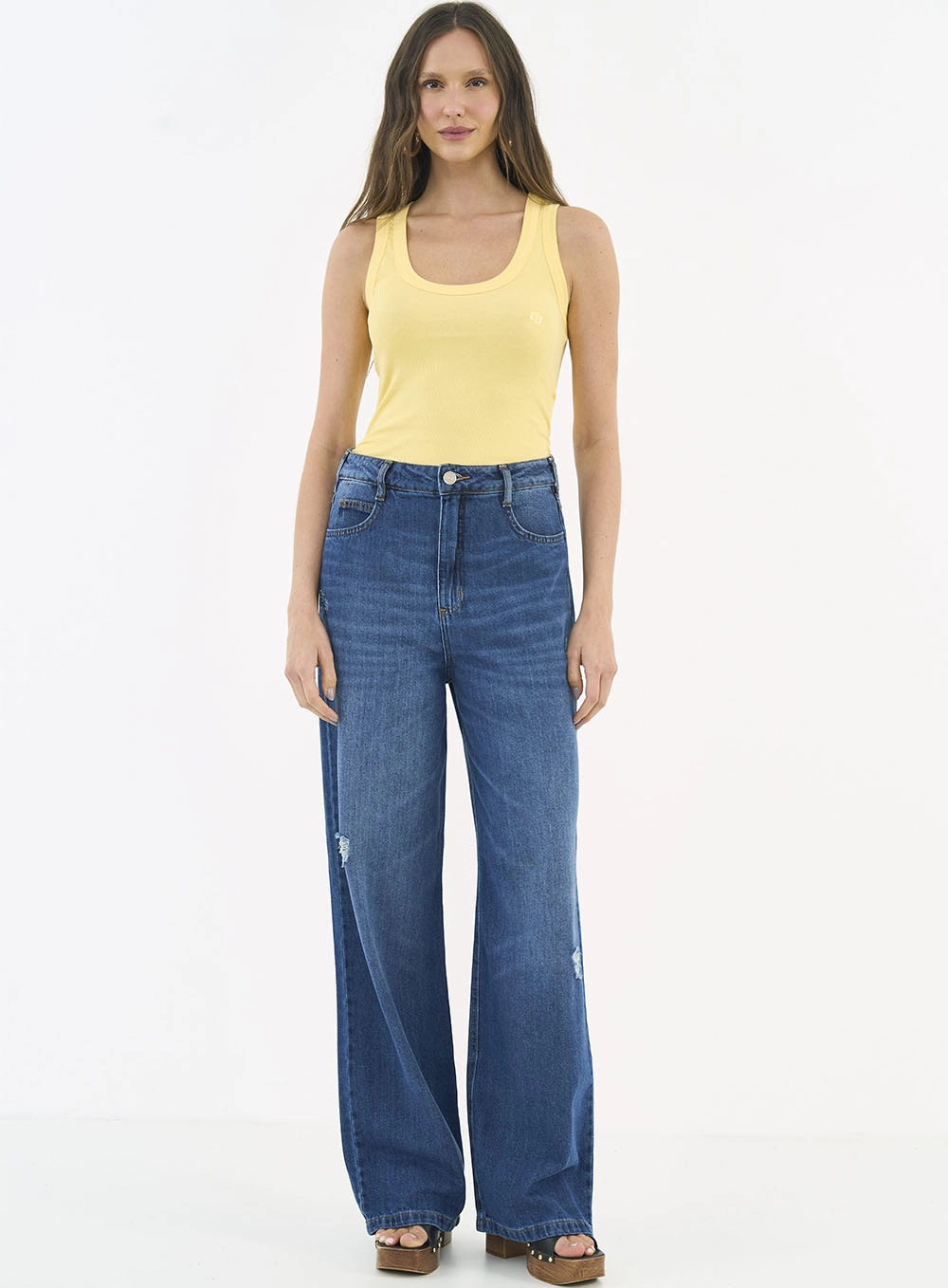 Blusa Regata Feminina Slim Algodão Canelada Amarelo