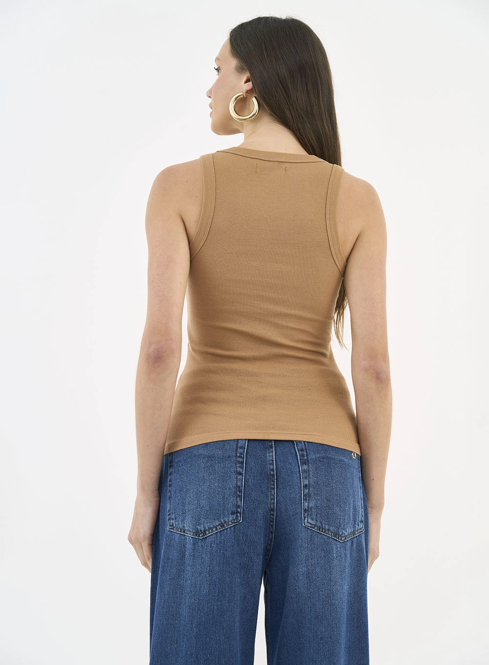 Blusa Regata Feminina Slim Algodão Canelada Marrom Delle