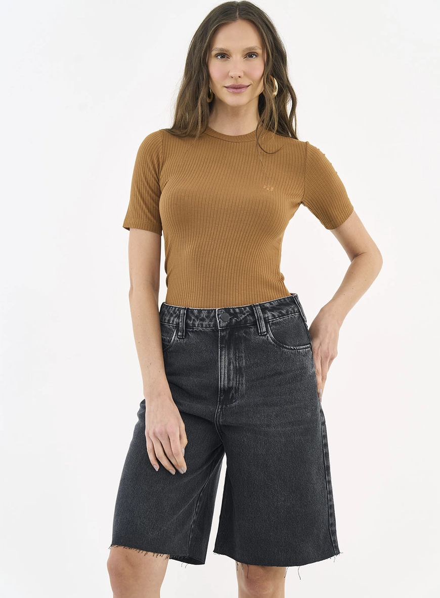 Blusa Feminina Slim Viscose Canelada Gola Alta