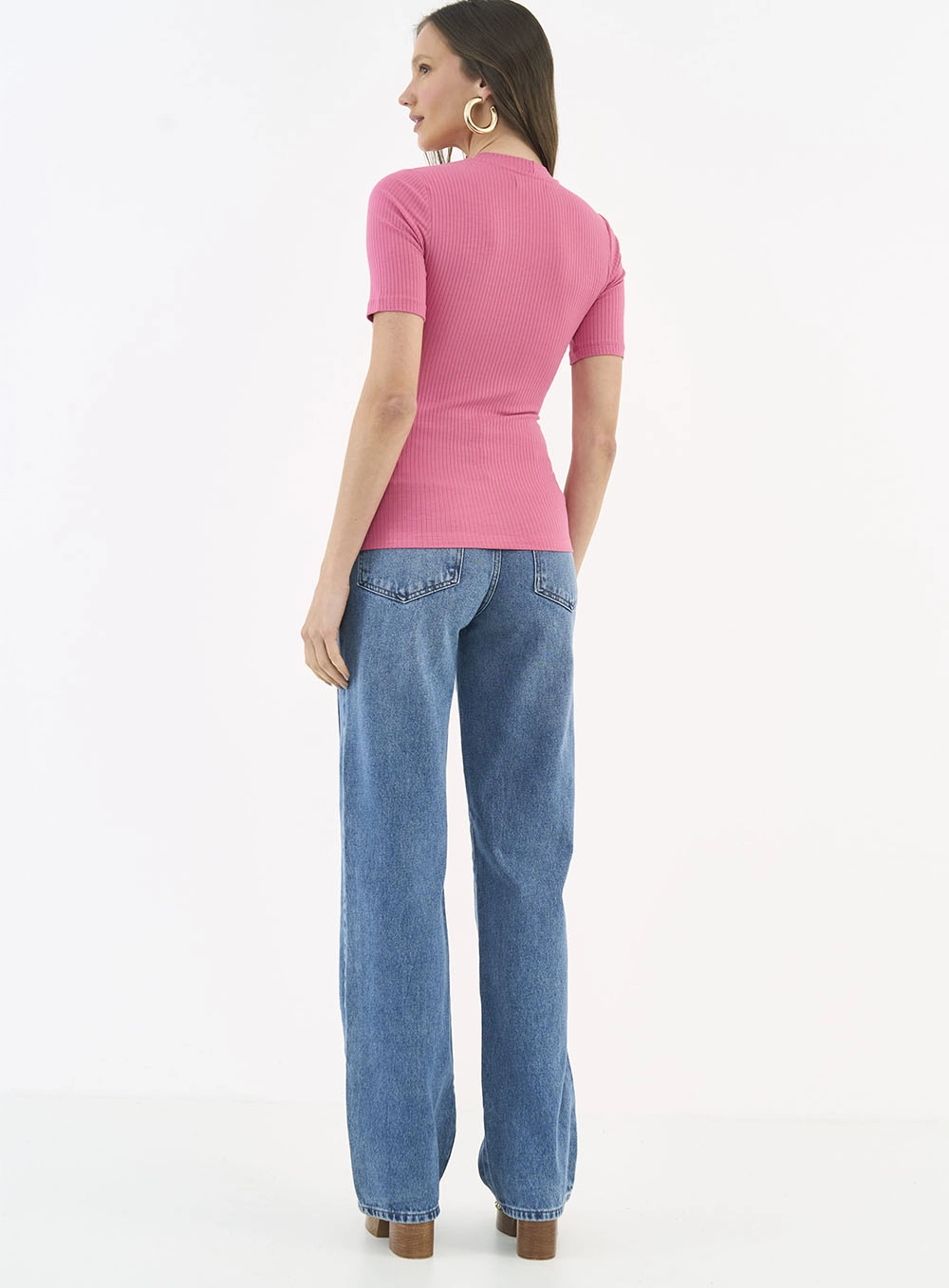 Blusa Feminina Slim Viscose Canelada Gola Alta Rosa Hiller