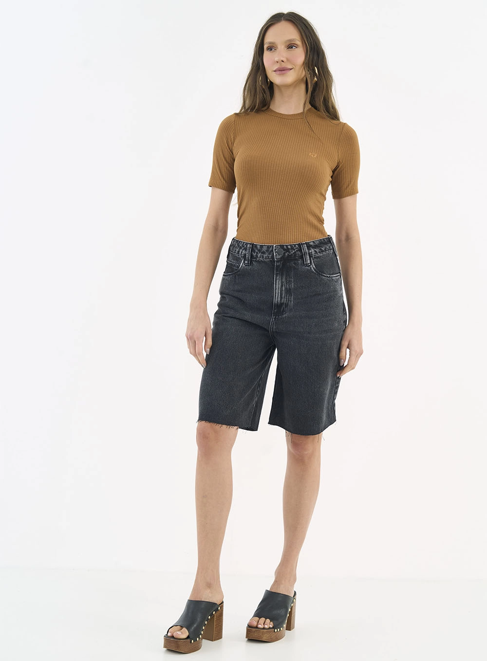 Blusa Feminina Slim Viscose Canelada Gola Alta Marrom Evermore
