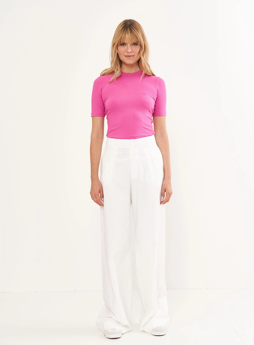 Blusa Feminina Slim Viscose Canelada Gola Alta Rosa