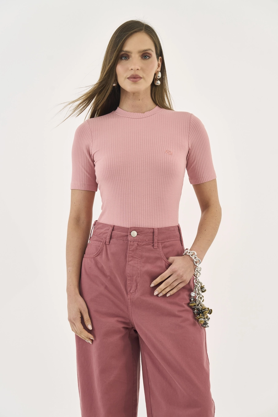 Blusa Feminina Slim Viscose Canelada Gola Alta Rosa