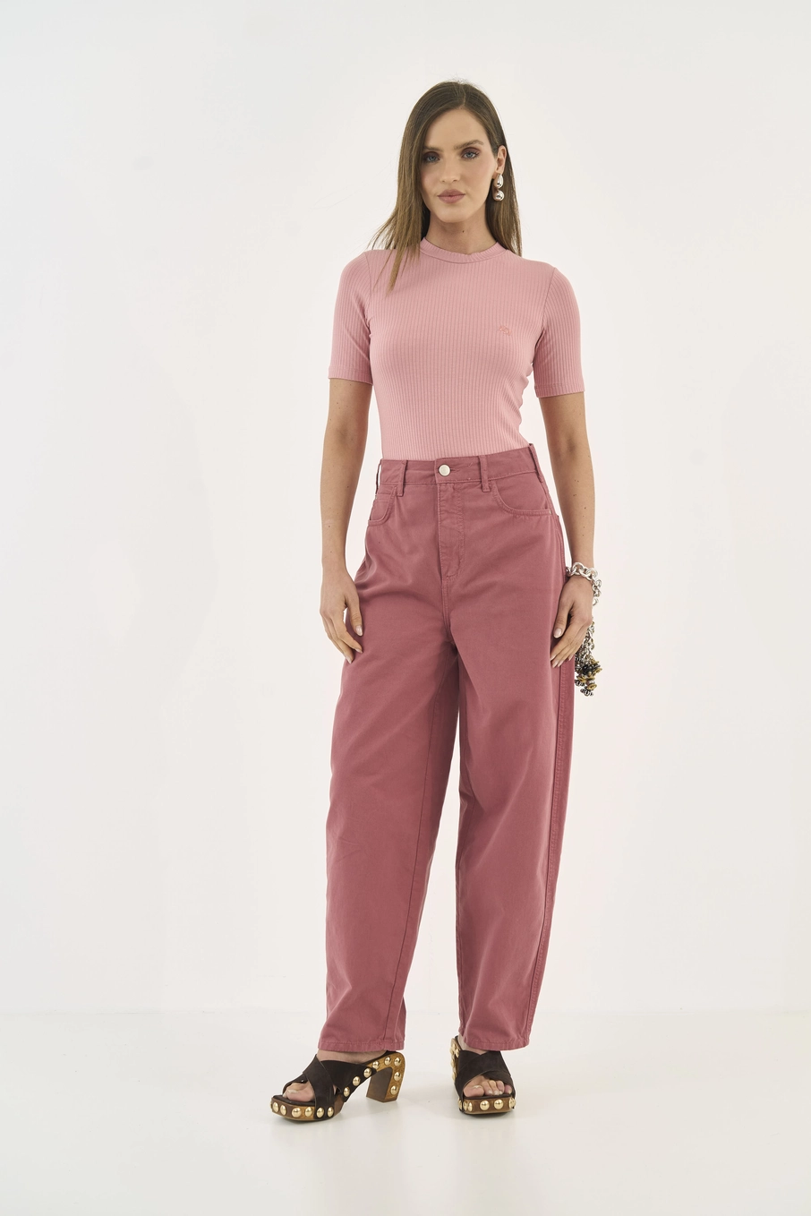 Blusa Feminina Slim Viscose Canelada Gola Alta Rosa