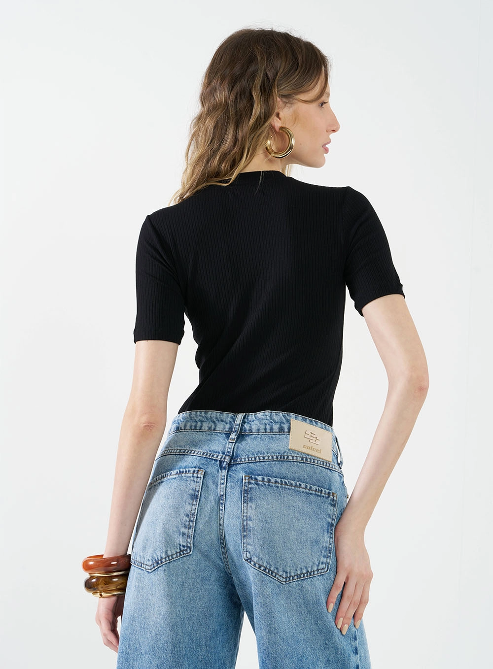 Blusa Feminina Slim Viscose Canelada Gola Alta Preto