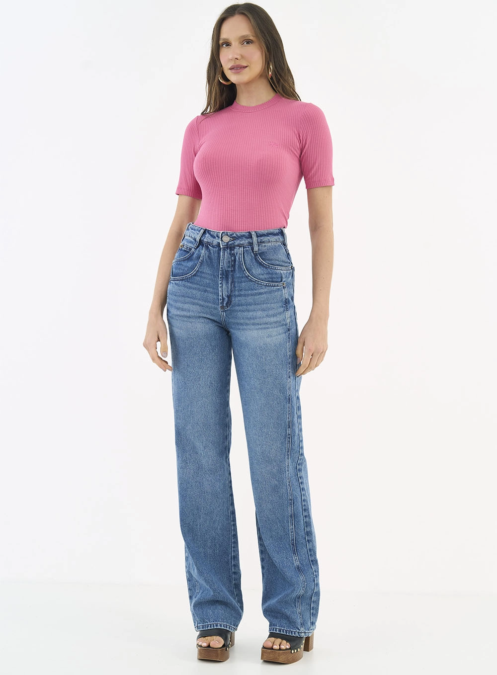 Blusa Feminina Slim Viscose Canelada Gola Alta Rosa Hiller