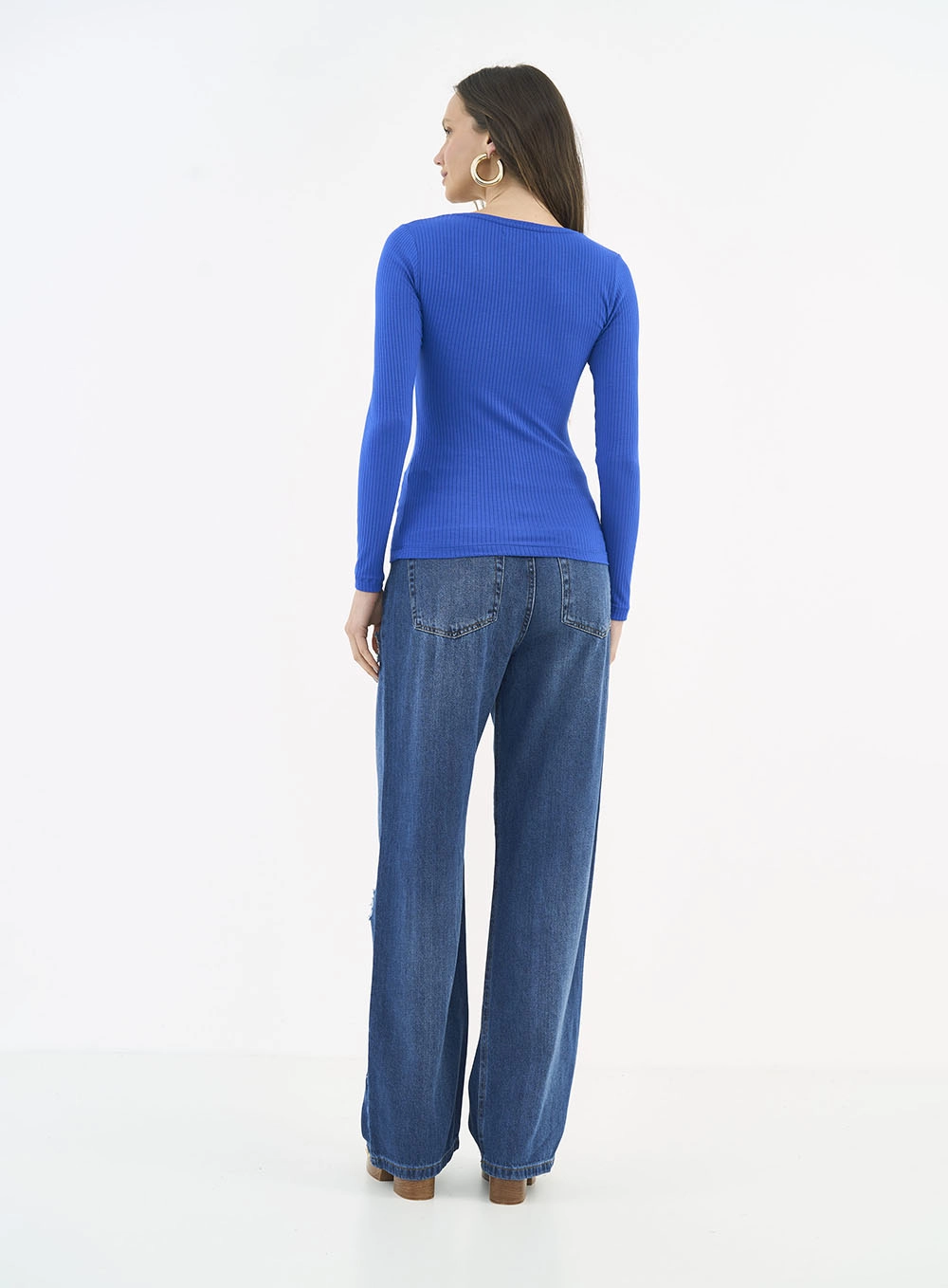 Blusa Feminina Slim Viscose Canelada Manga Longa Azul