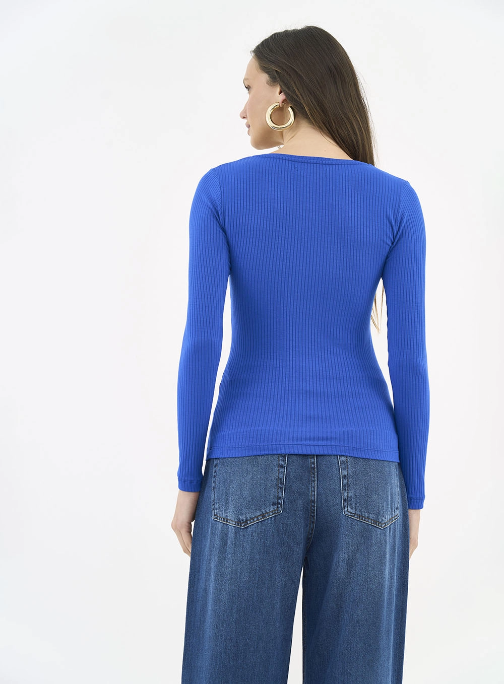 Blusa Feminina Slim Viscose Canelada Manga Longa Azul