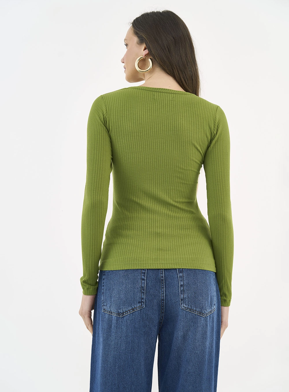 Blusa Feminina Slim Viscose Canelada Manga Longa Verde