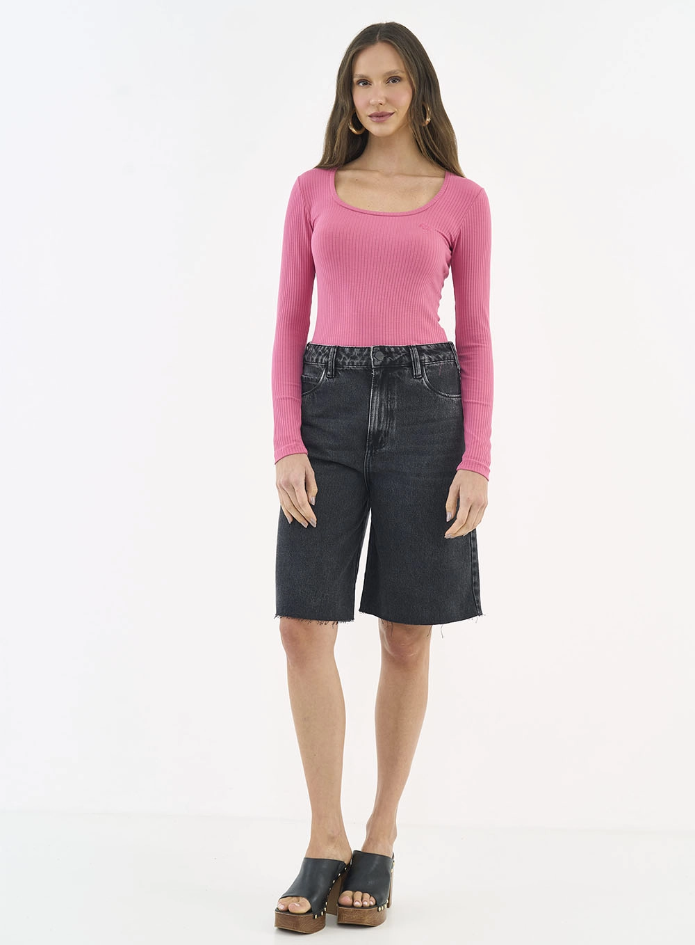 Blusa Feminina Slim Viscose Canelada Manga Longa Rosa Hiller
