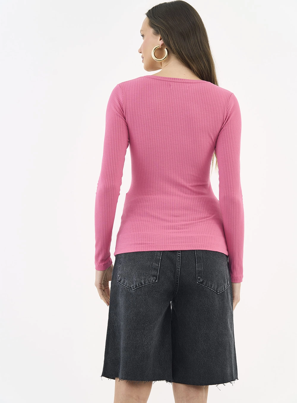Blusa Feminina Slim Viscose Canelada Manga Longa Rosa Hiller