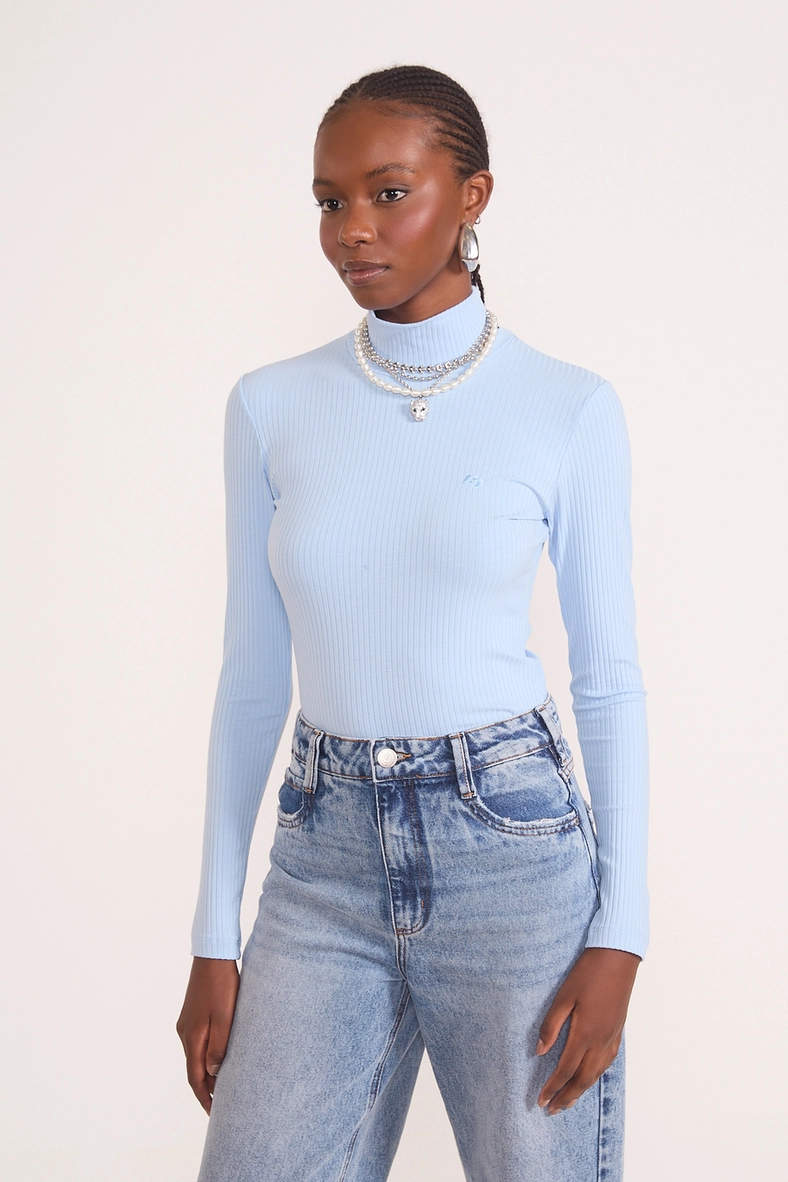 Blusa Slim Viscose Canelada Gola Alta Manga Longa