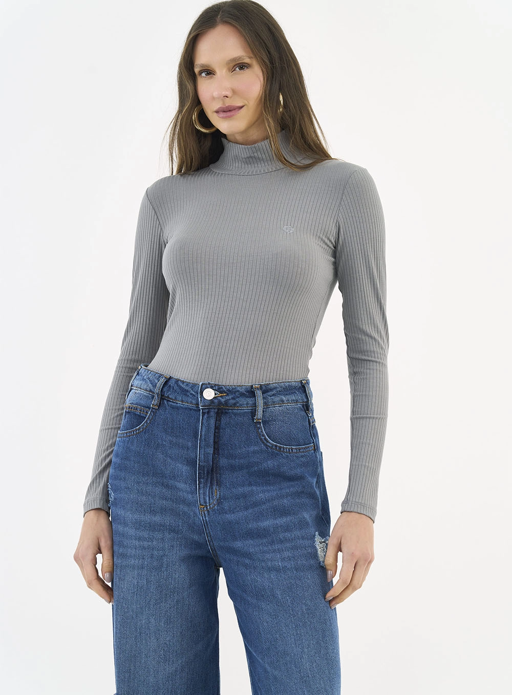 Blusa Slim Viscose Canelada Gola Alta Manga Longa Cinza