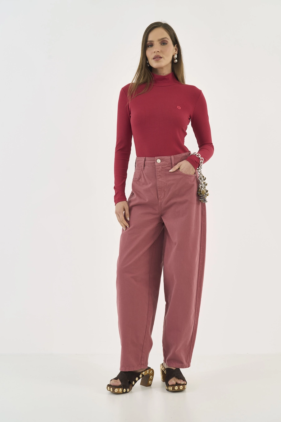 Blusa Slim Viscose Canelada Gola Alta Manga Longa Vermelho