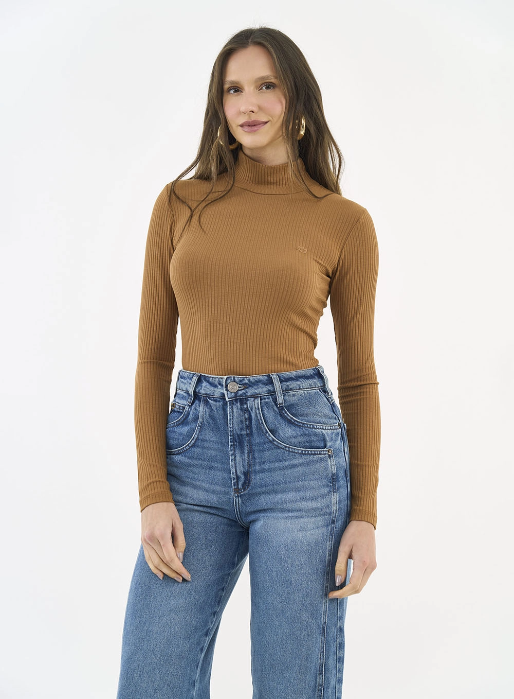 Blusa Slim Viscose Canelada Gola Alta Manga Longa Marrom Evermore