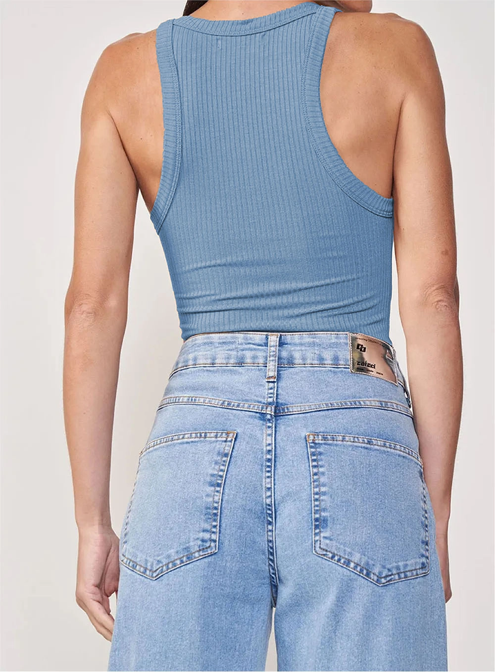Regata Feminina Slim Viscose Canelada Alça Fina Azul