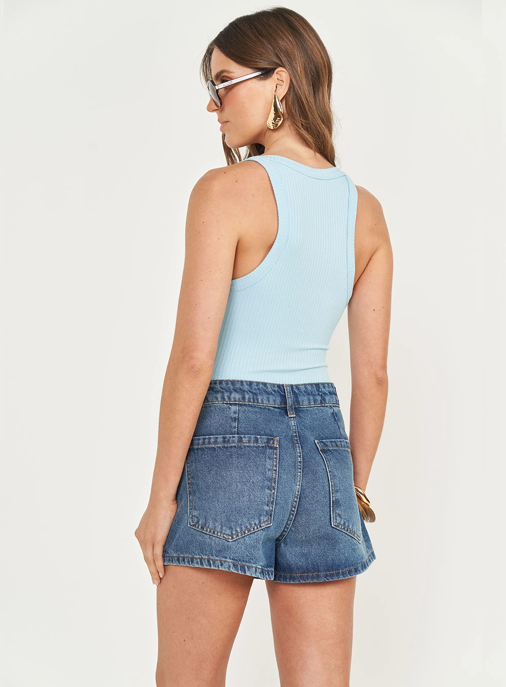 Regata Feminina Slim Viscose Canelada Alça Fina Azul