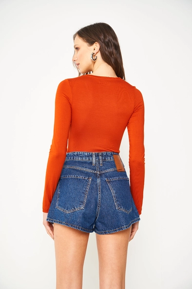 Blusa Feminina Slim Viscose Decote V Manga Longa Laranja