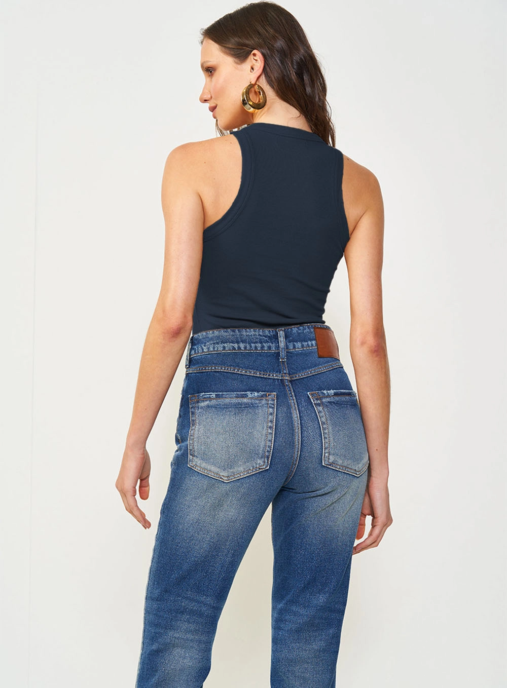 Blusa Regata Slim Algodão Canelada Gola Alta Azul Darkness