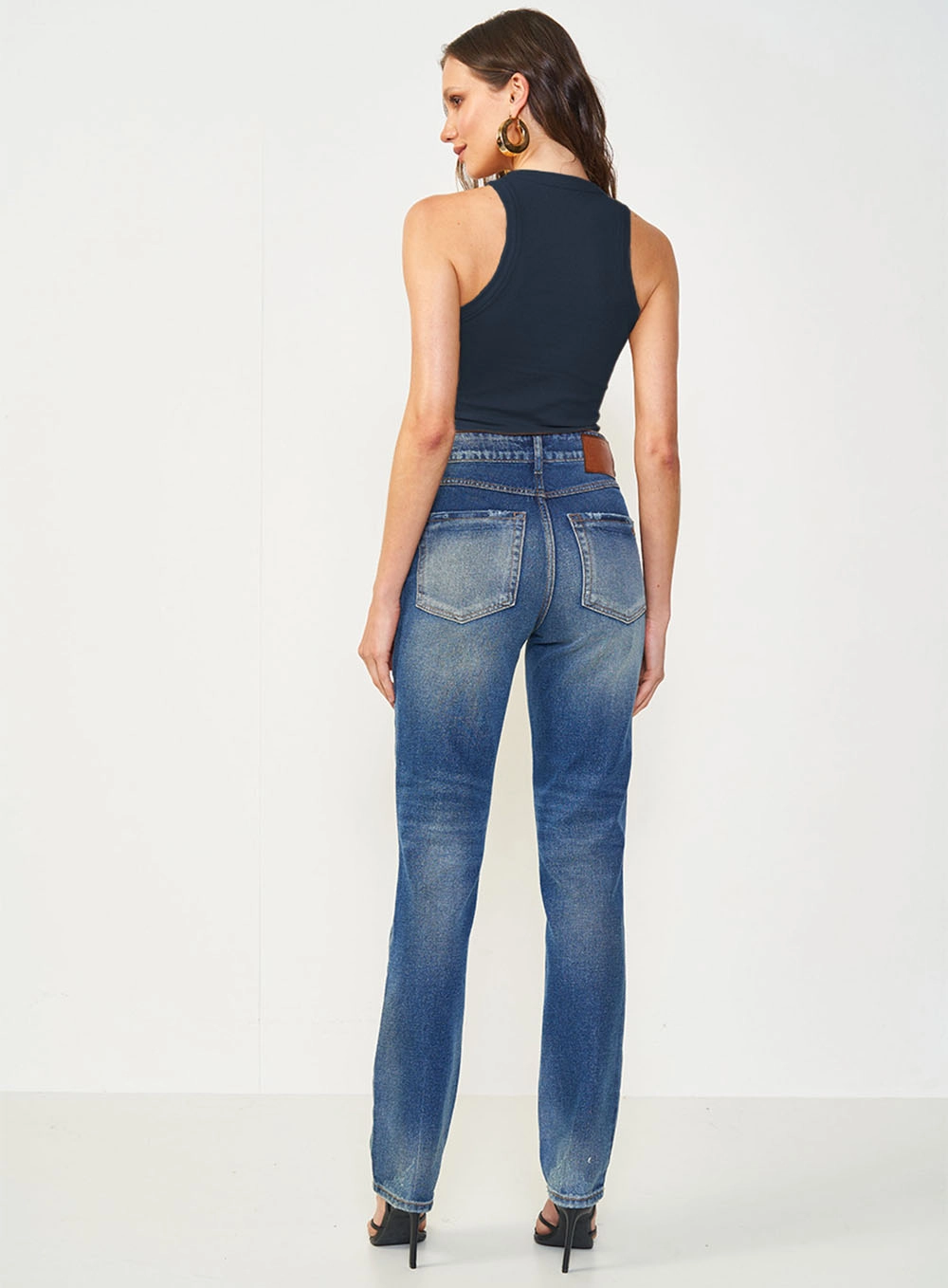 Blusa Regata Slim Algodão Canelada Gola Alta Azul Darkness