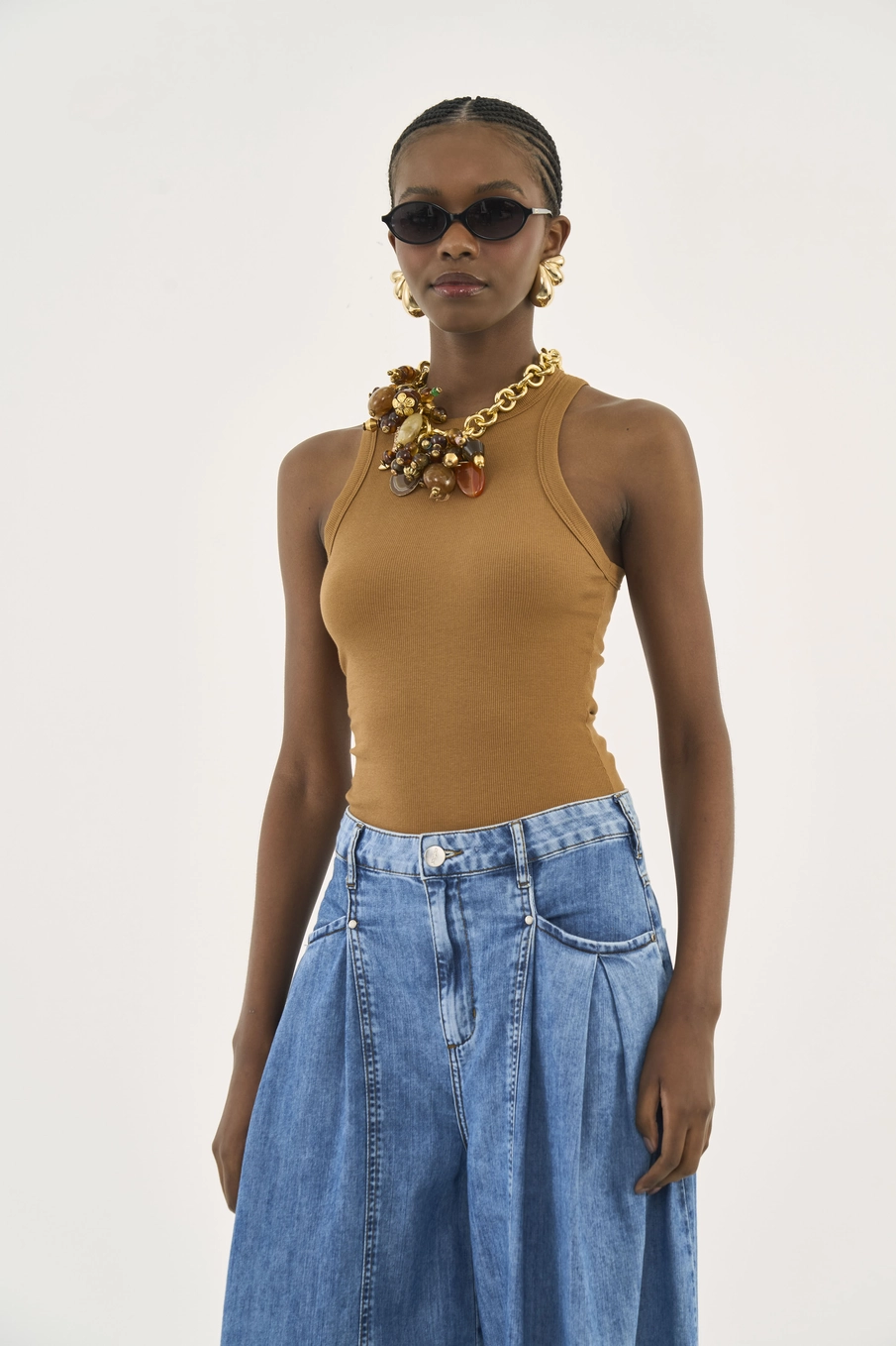 Blusa Regata Slim Algodão Canelada Gola Alta Marrom Evermore