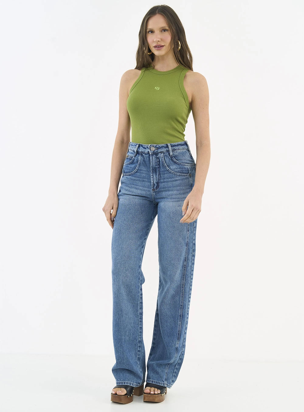 Blusa Regata Slim Algodão Canelada Gola Alta Verde