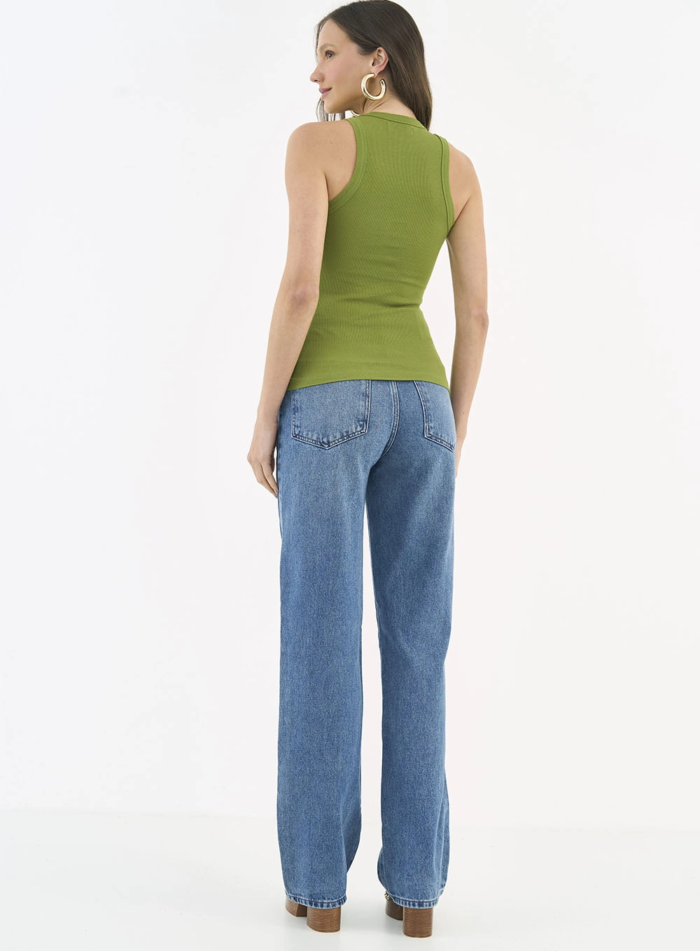 Blusa Regata Slim Algodão Canelada Gola Alta Verde