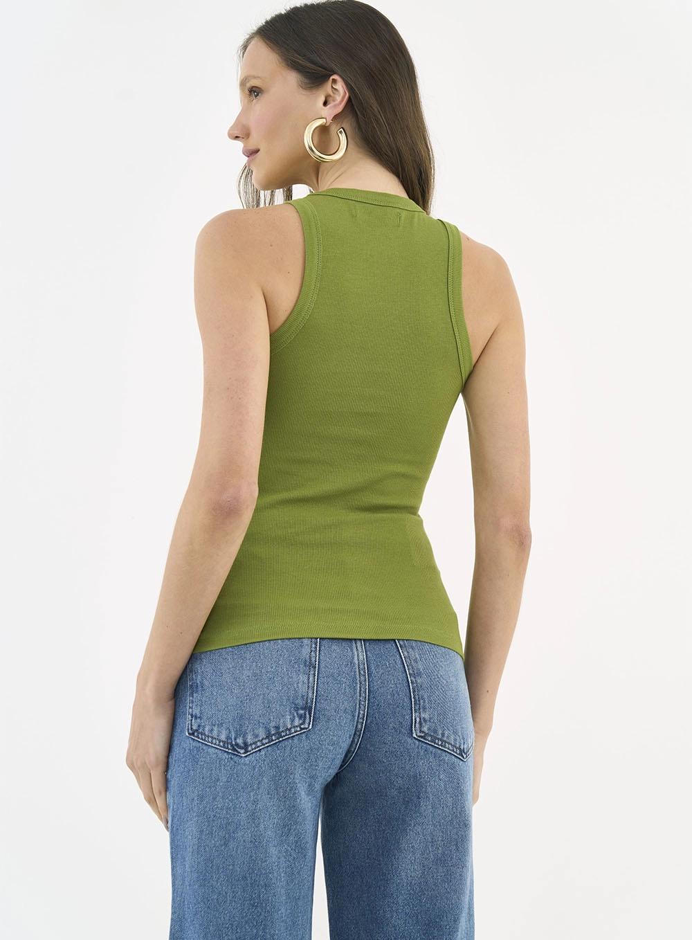 Blusa Regata Slim Algodão Canelada Gola Alta Verde