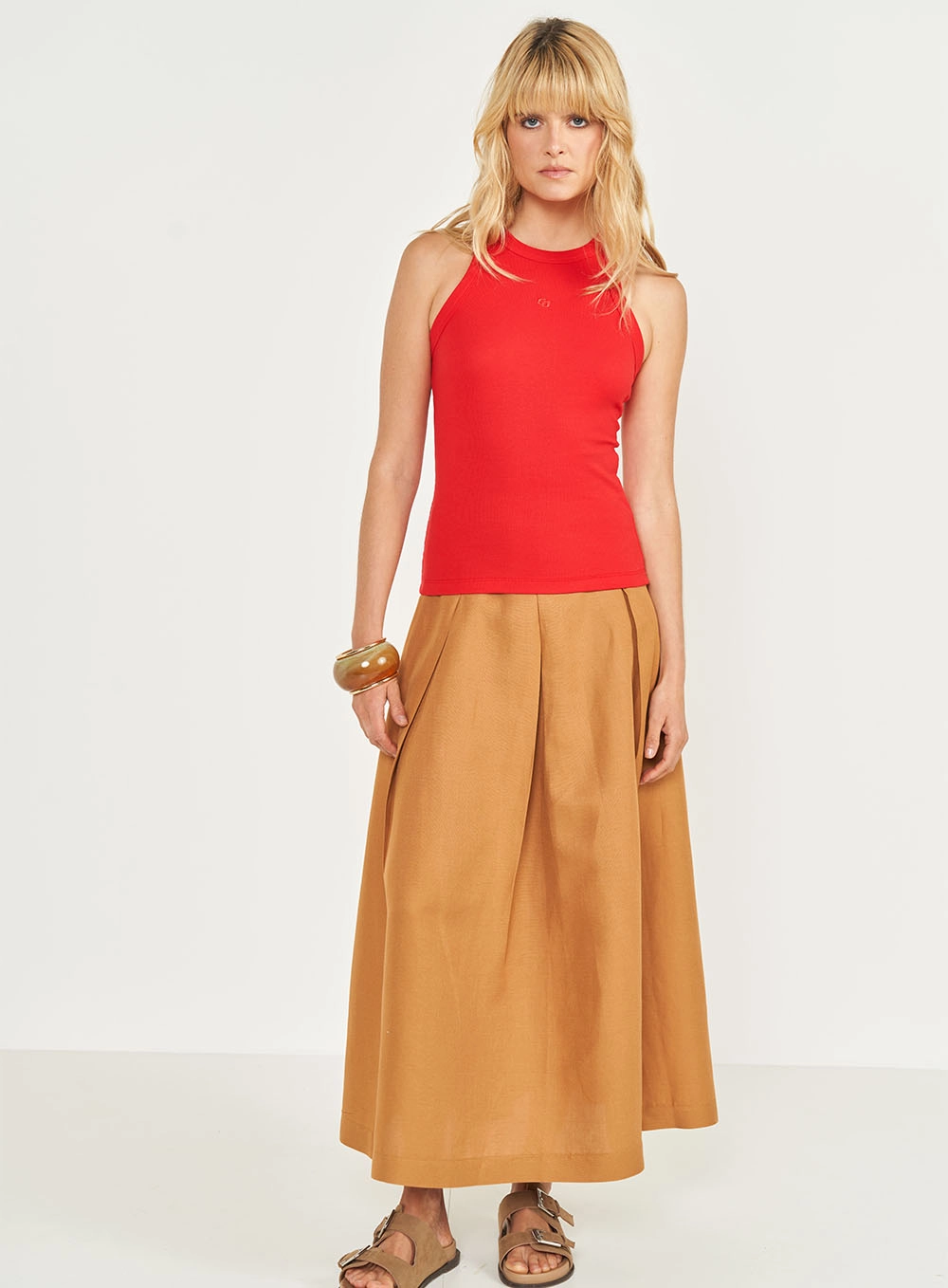 Blusa Regata Slim Algodão Canelada Gola Alta Vermelho