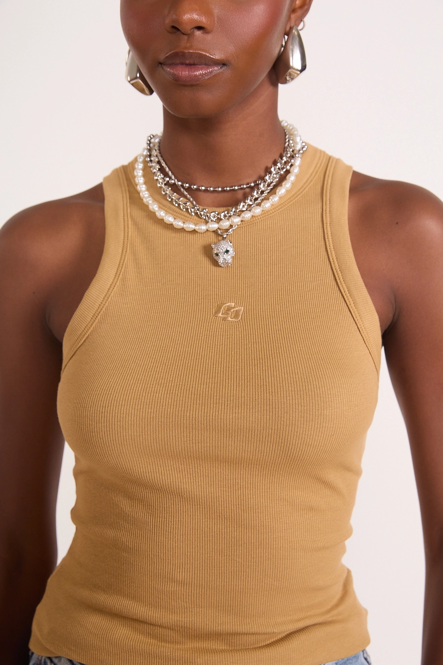 Blusa Regata Slim Algodão Canelada Gola Alta Bege Soybean