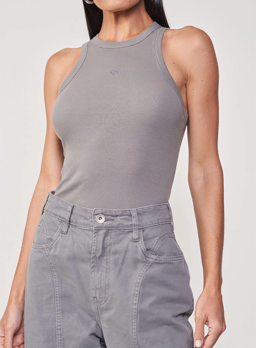 Blusa Regata Slim Algodão Canelada Gola Alta Cinza